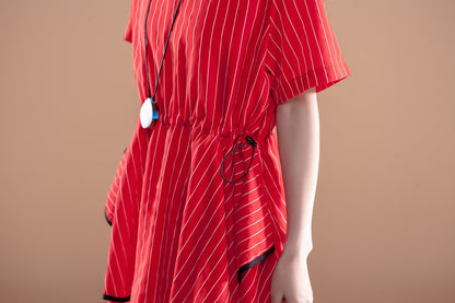 Stripe Short Sleeve Round Neck Drawstring Red Dress