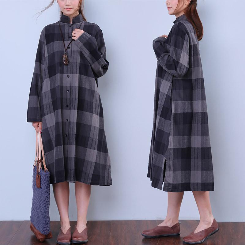 Splitting Lattice Women Cotton Linen Loose Gray Shirt Dress