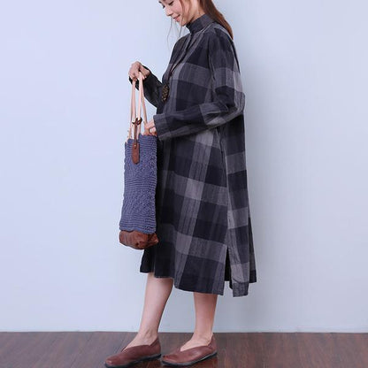 Splitting Lattice Women Cotton Linen Loose Blue Shirt Dress