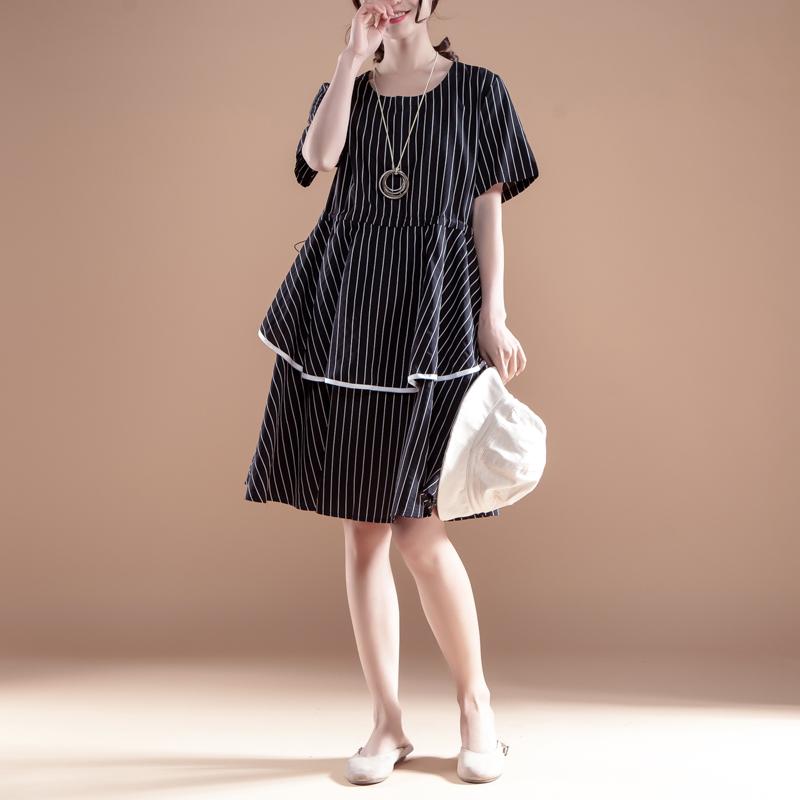 Stripe Short Sleeve Round Neck Drawstring Black Dress