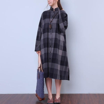 Splitting Lattice Women Cotton Linen Loose Blue Shirt Dress