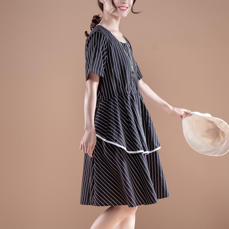 Stripe Short Sleeve Round Neck Drawstring Black Dress