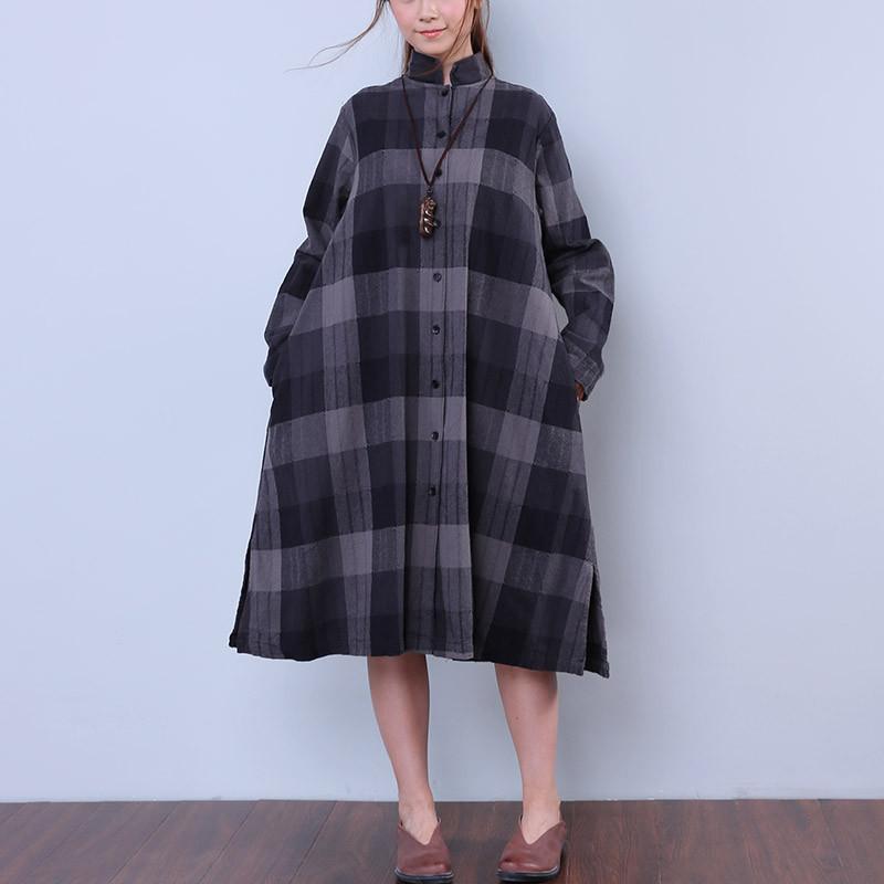 Splitting Lattice Women Cotton Linen Loose Gray Shirt Dress