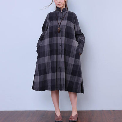 Splitting Lattice Women Cotton Linen Loose Gray Shirt Dress