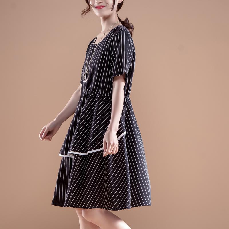 Stripe Short Sleeve Round Neck Drawstring Black Dress