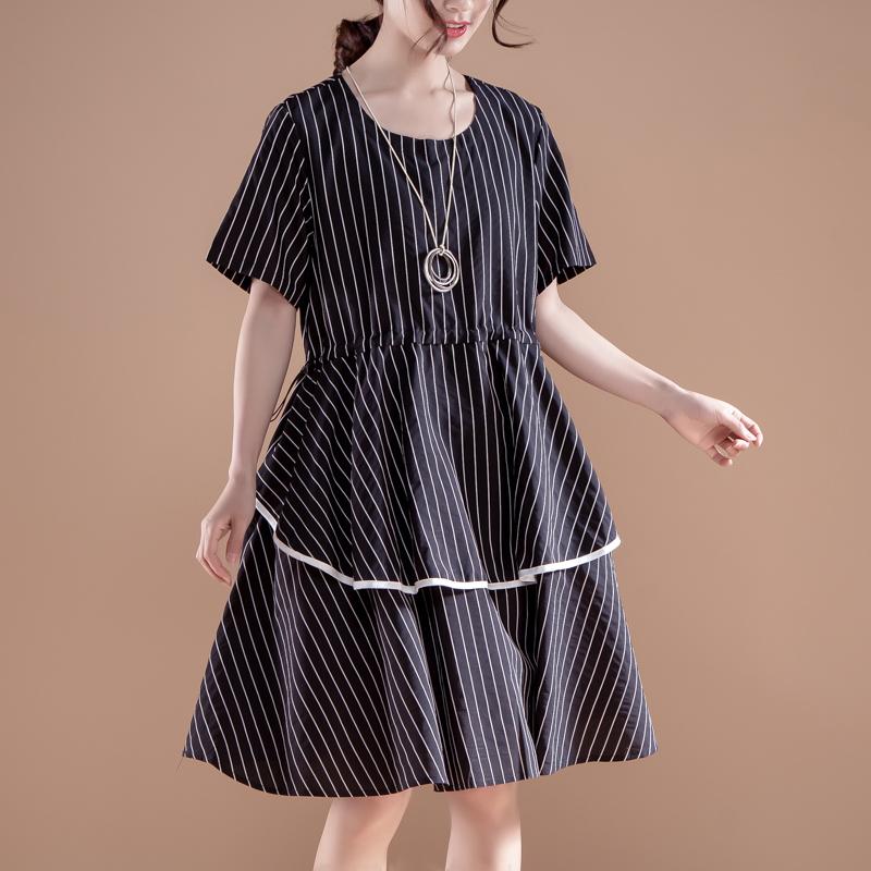 Stripe Short Sleeve Round Neck Drawstring Black Dress