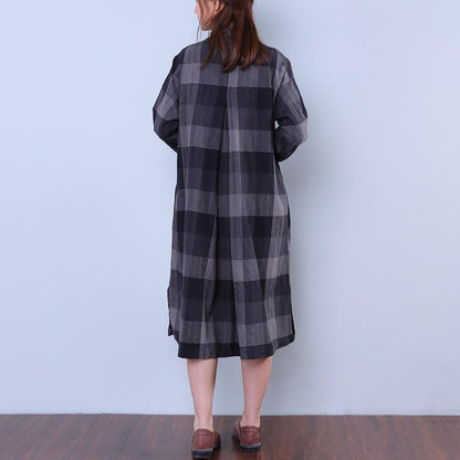Splitting Lattice Women Cotton Linen Loose Gray Shirt Dress
