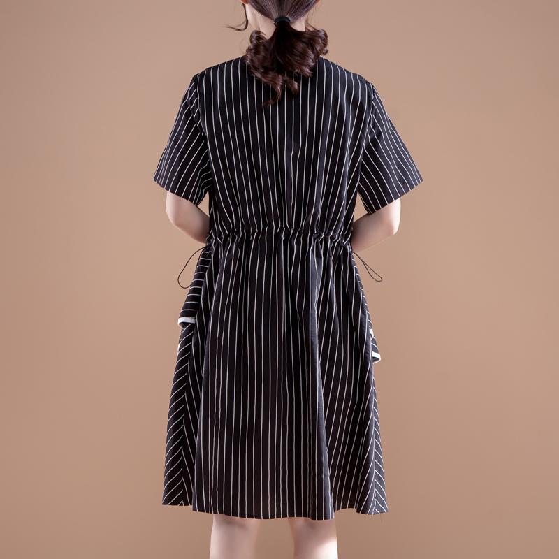 Stripe Short Sleeve Round Neck Drawstring Black Dress