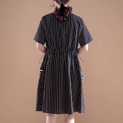 Stripe Short Sleeve Round Neck Drawstring Black Dress