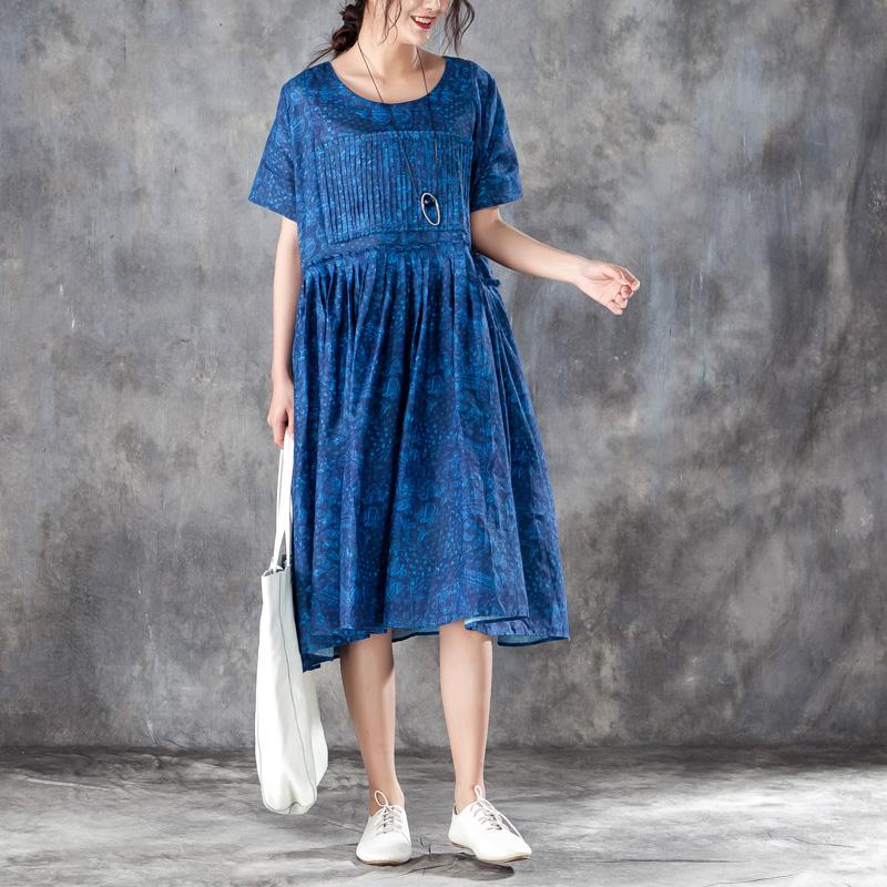 Women Pleated Short Sleeves Dress Blue Summer Skirt
