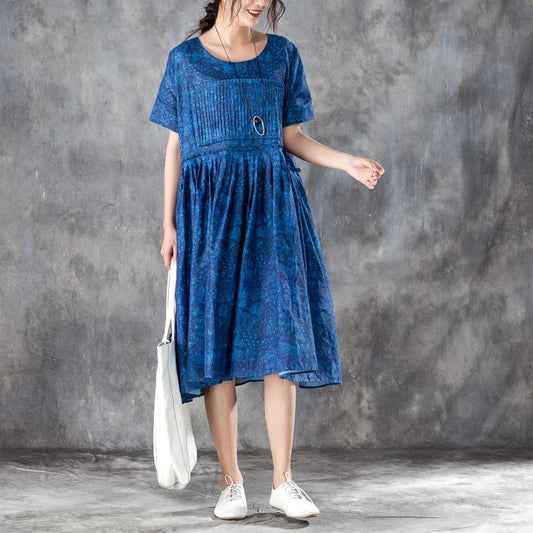 Women Pleated Short Sleeves Dress Blue Summer Skirt