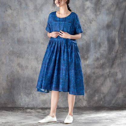 Women Pleated Short Sleeves Dress Blue Summer Skirt