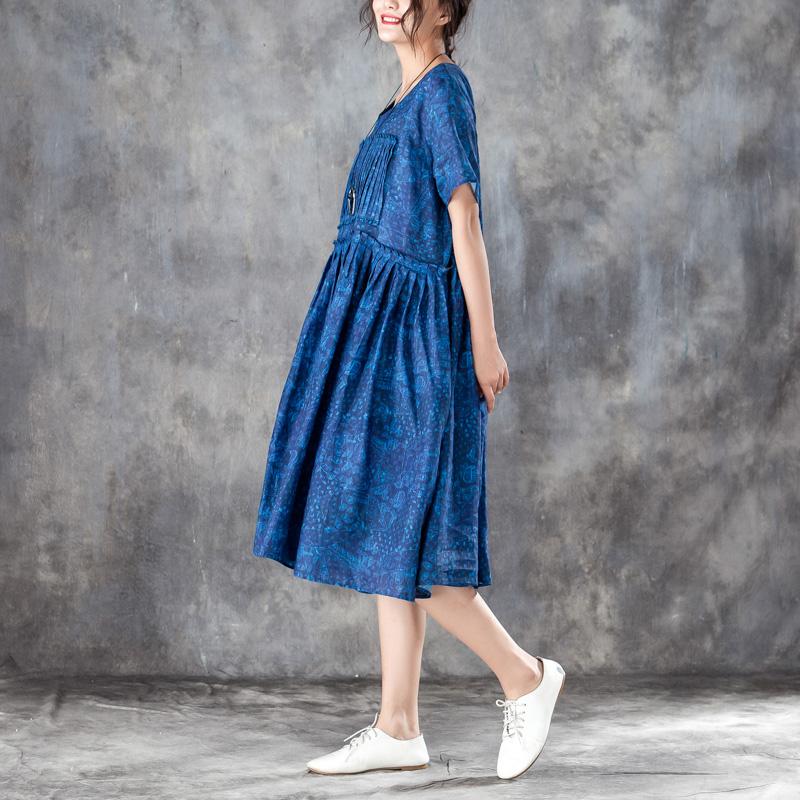 Women Pleated Short Sleeves Dress Blue Summer Skirt