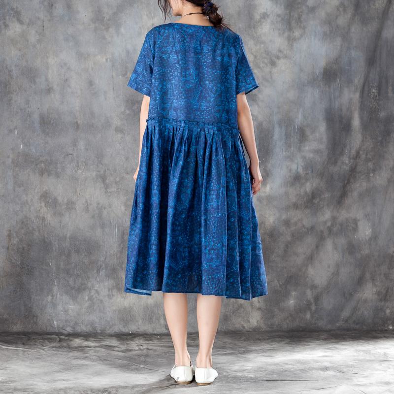 Women Pleated Short Sleeves Dress Blue Summer Skirt