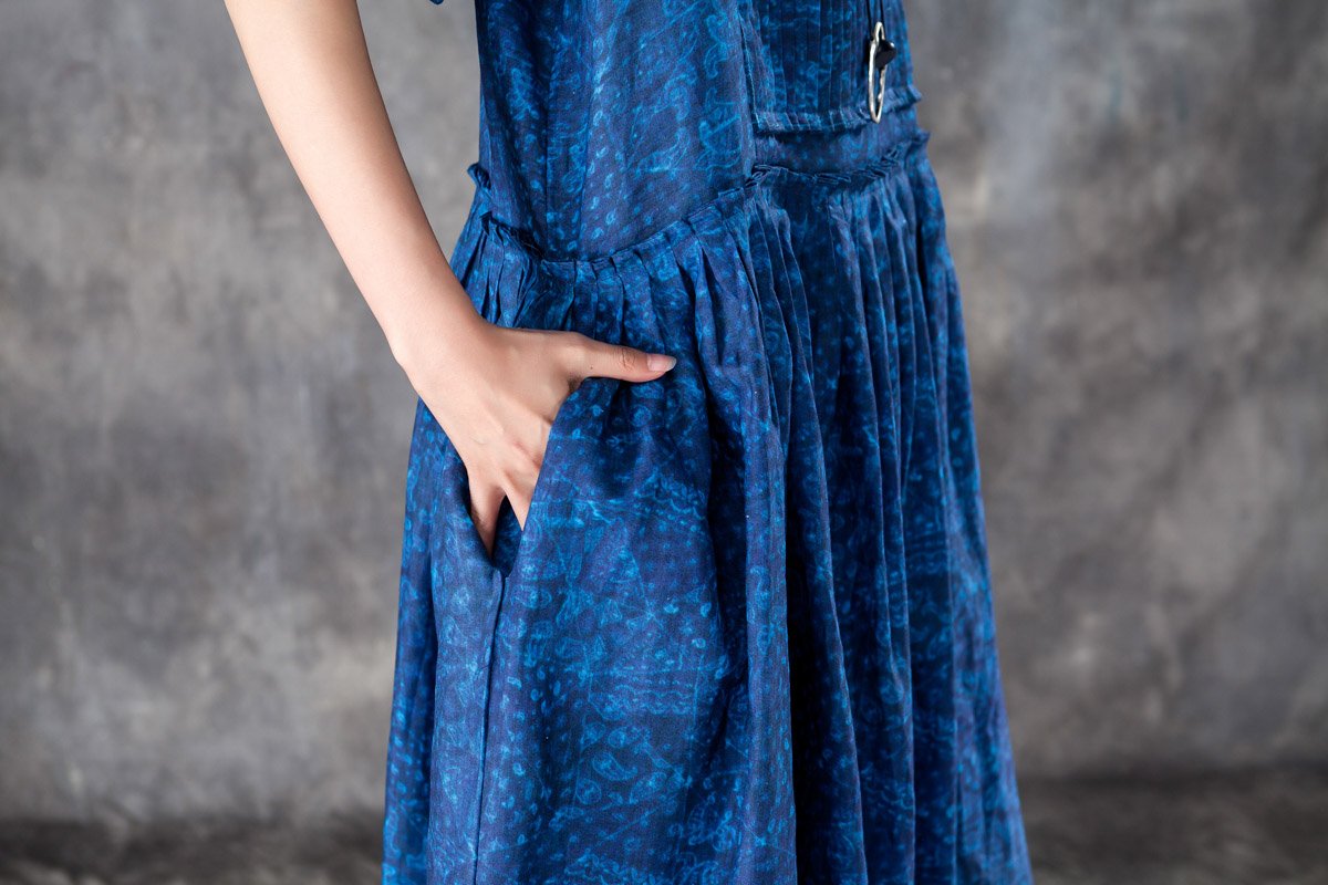 Women Pleated Short Sleeves Dress Blue Summer Skirt