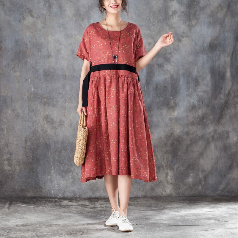 Printed Lacing Short Sleeve Dresses Red Pleated Dress