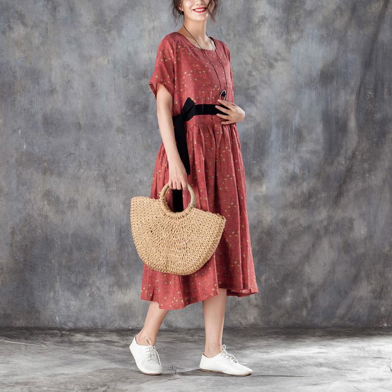 Printed Lacing Short Sleeve Dresses Red Pleated Dress