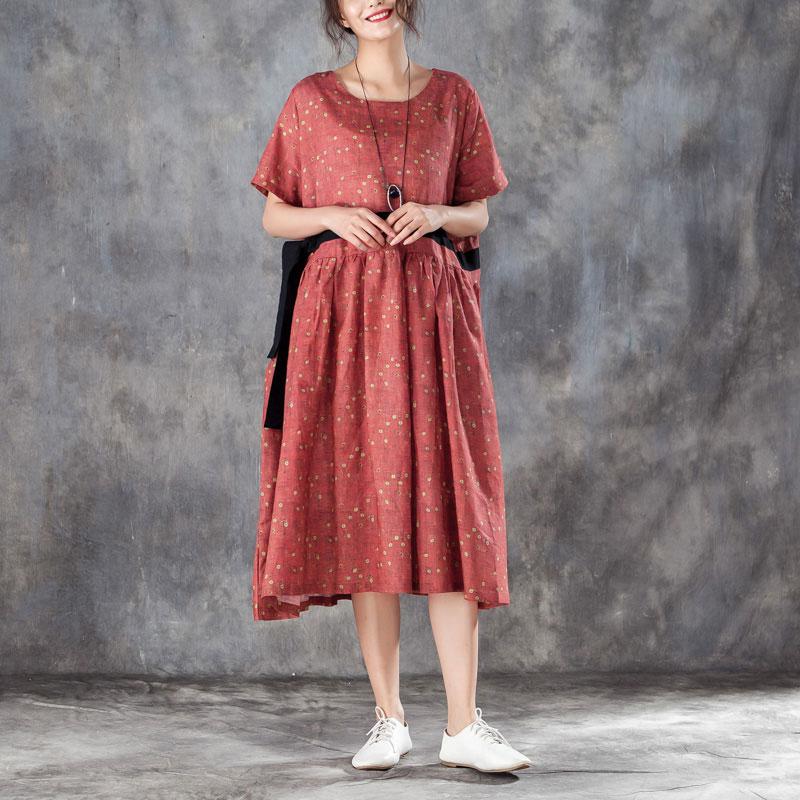 Printed Lacing Short Sleeve Dresses Red Pleated Dress