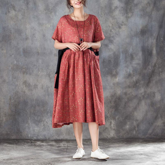 Printed Lacing Short Sleeve Dresses Red Pleated Dress