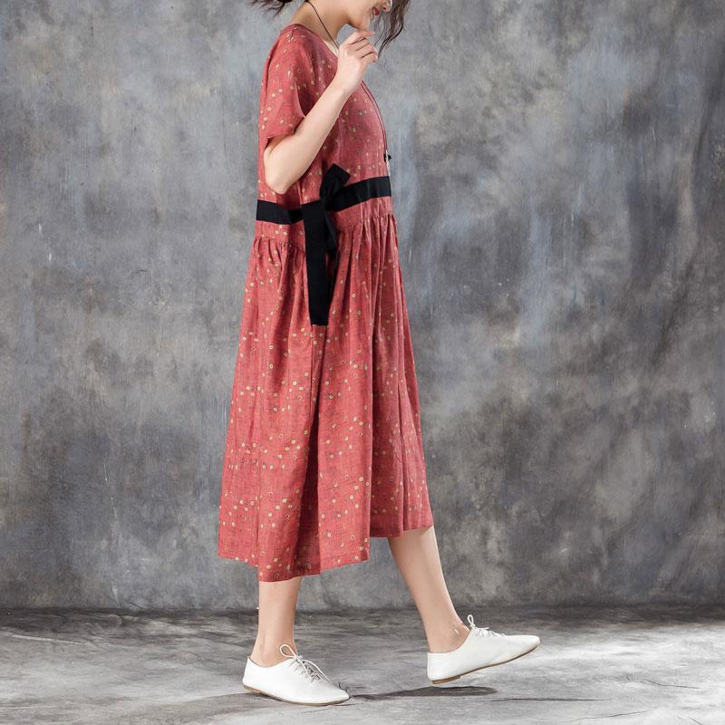 Printed Lacing Short Sleeve Dresses Red Pleated Dress