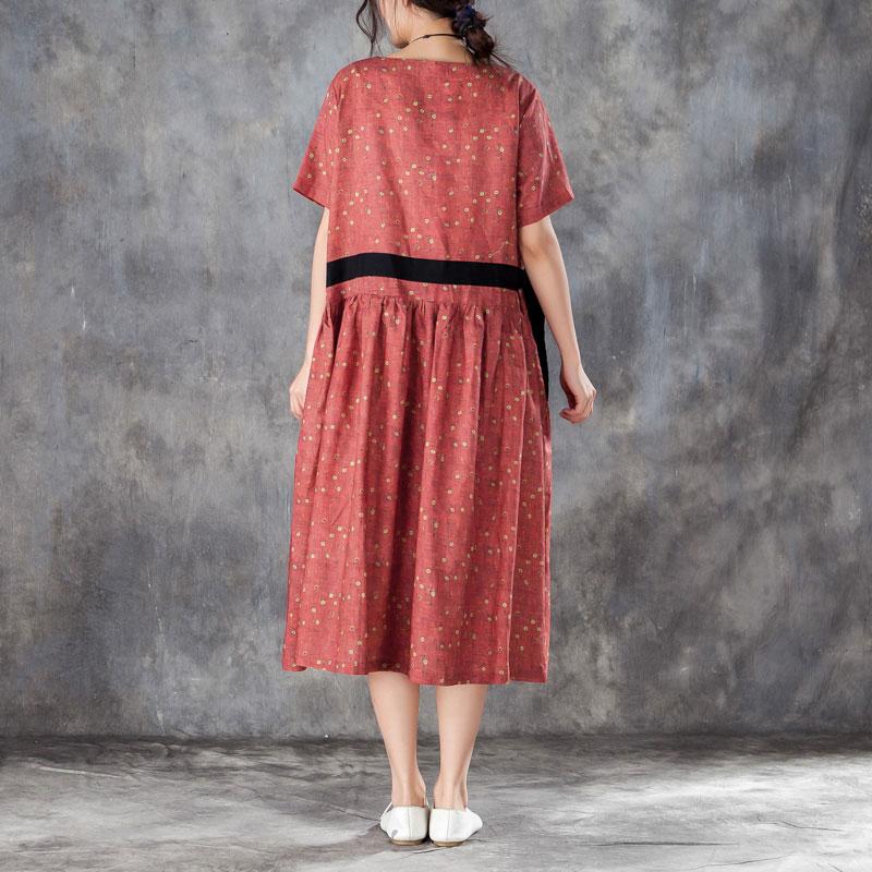 Printed Lacing Short Sleeve Dresses Red Pleated Dress