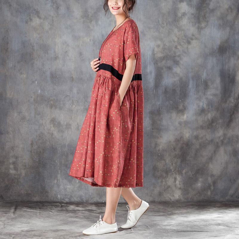 Printed Lacing Short Sleeve Dresses Red Pleated Dress
