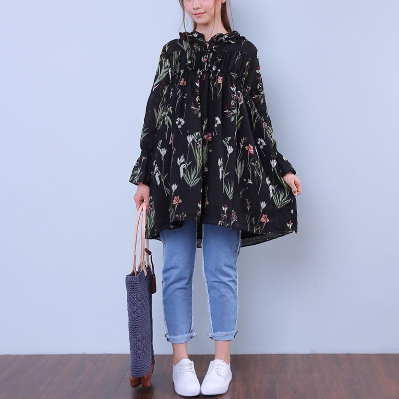 Floral Women Printed Loose Lacing Linen Cotton Splicing Shirt