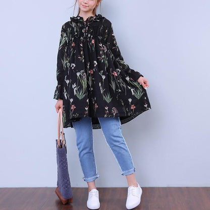 Floral Women Printed Loose Lacing Linen Cotton Splicing Shirt