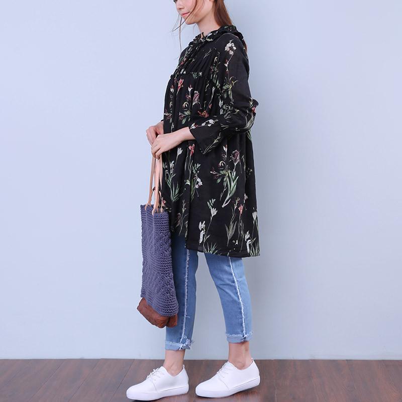 Floral Women Printed Loose Lacing Linen Cotton Splicing Shirt