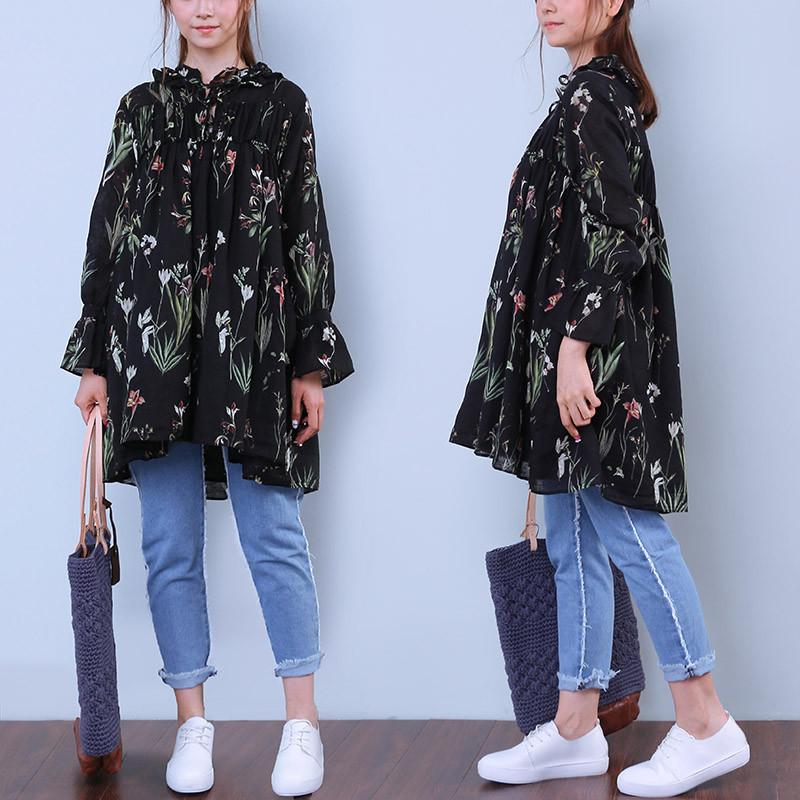 Floral Women Printed Loose Lacing Linen Cotton Splicing Shirt