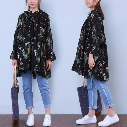 Floral Women Printed Loose Lacing Linen Cotton Splicing Shirt