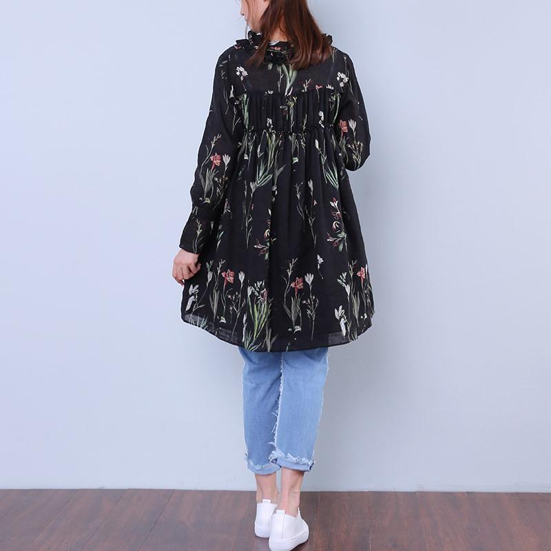 Floral Women Printed Loose Lacing Linen Cotton Splicing Shirt