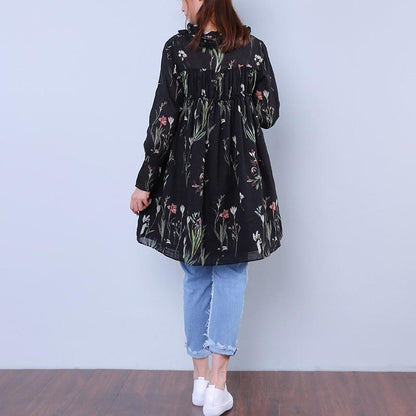 Floral Women Printed Loose Lacing Linen Cotton Splicing Shirt