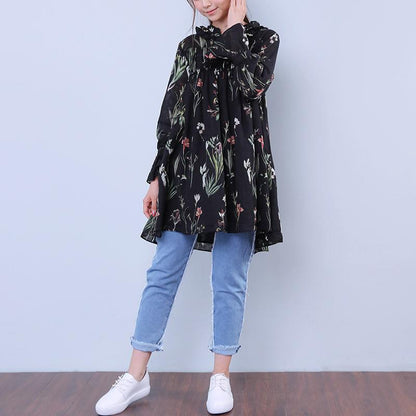Floral Women Printed Loose Lacing Linen Cotton Splicing Shirt