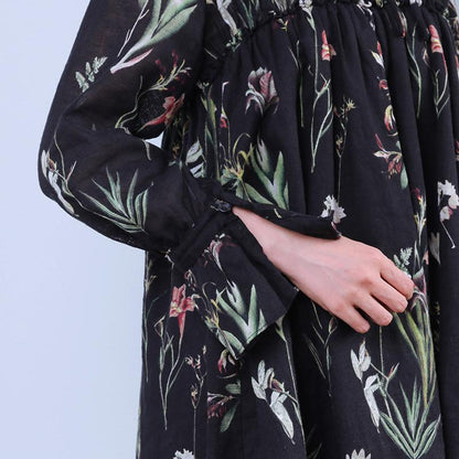 Floral Women Printed Loose Lacing Linen Cotton Splicing Shirt