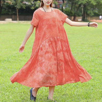 Summer Short Sleeve Dyeing Orange Dress For Women