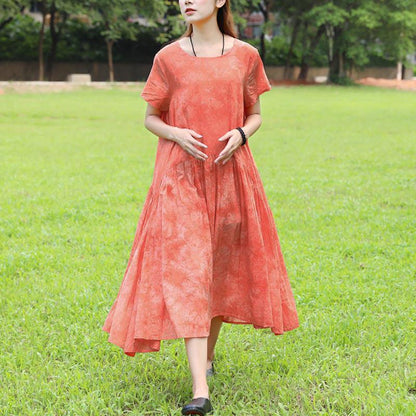 Summer Short Sleeve Dyeing Orange Dress For Women