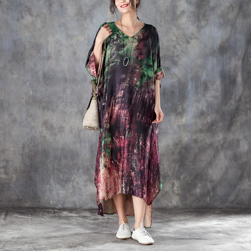 Loose V Neck 1/2 Sleeve Printed Irregular Dress