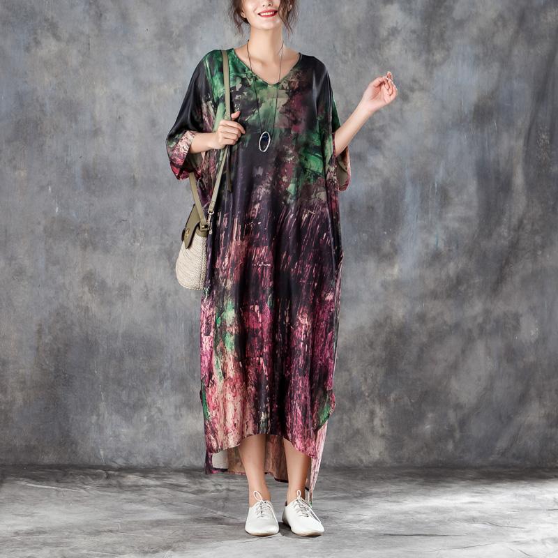 Loose V Neck 1/2 Sleeve Printed Irregular Dress