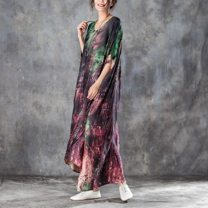 Loose V Neck 1/2 Sleeve Printed Irregular Dress