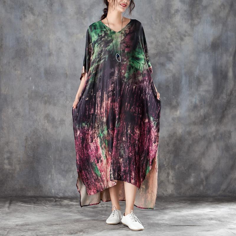 Loose V Neck 1/2 Sleeve Printed Irregular Dress