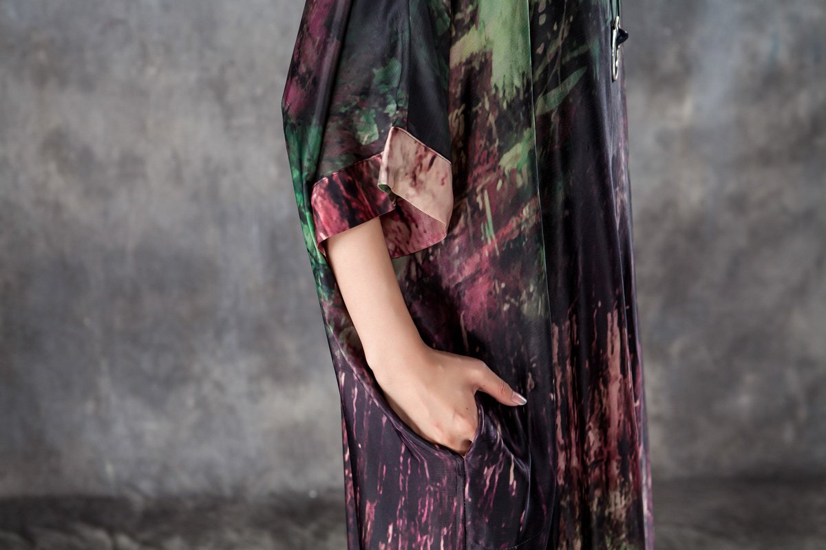 Loose V Neck 1/2 Sleeve Printed Irregular Dress