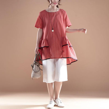 Stripe Casual Round Neck Short Sleeve Red Tops