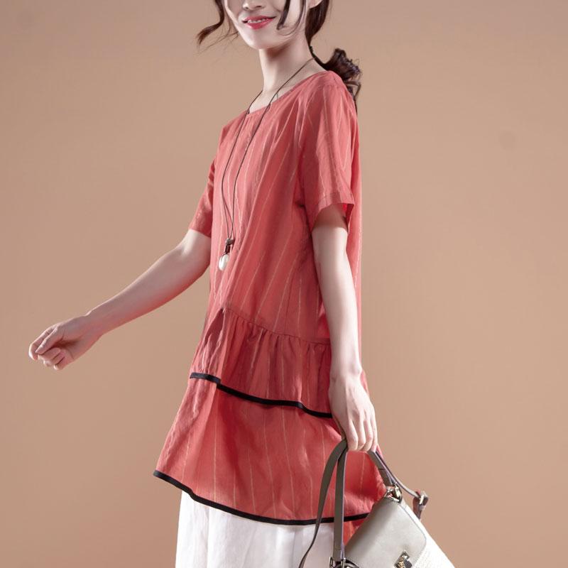 Stripe Casual Round Neck Short Sleeve Red Tops