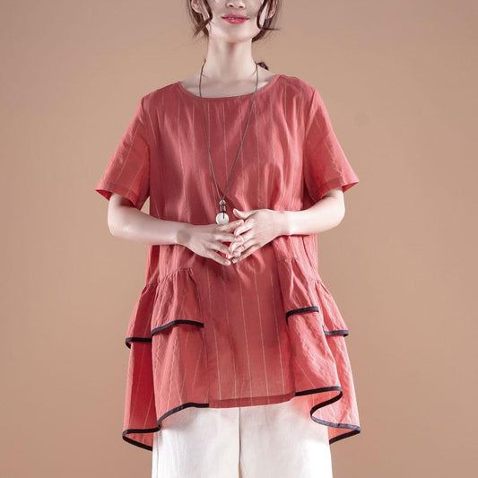 Stripe Casual Round Neck Short Sleeve Red Tops