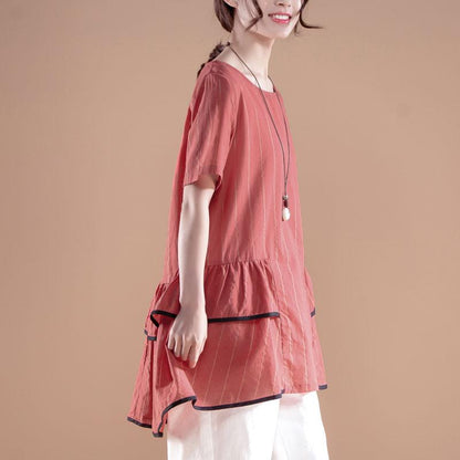 Stripe Casual Round Neck Short Sleeve Red Tops