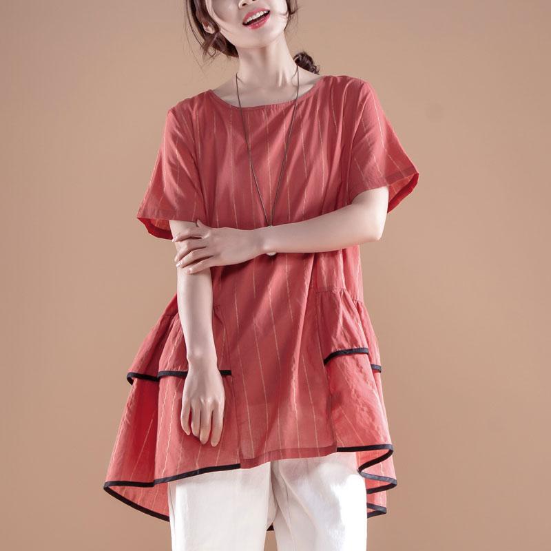 Stripe Casual Round Neck Short Sleeve Red Tops