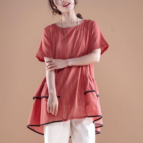 Stripe Casual Round Neck Short Sleeve Navy Blue Tops