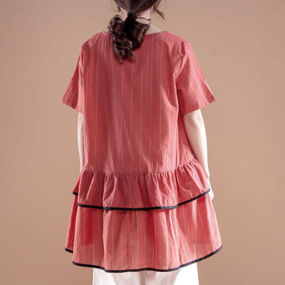 Stripe Casual Round Neck Short Sleeve Red Tops