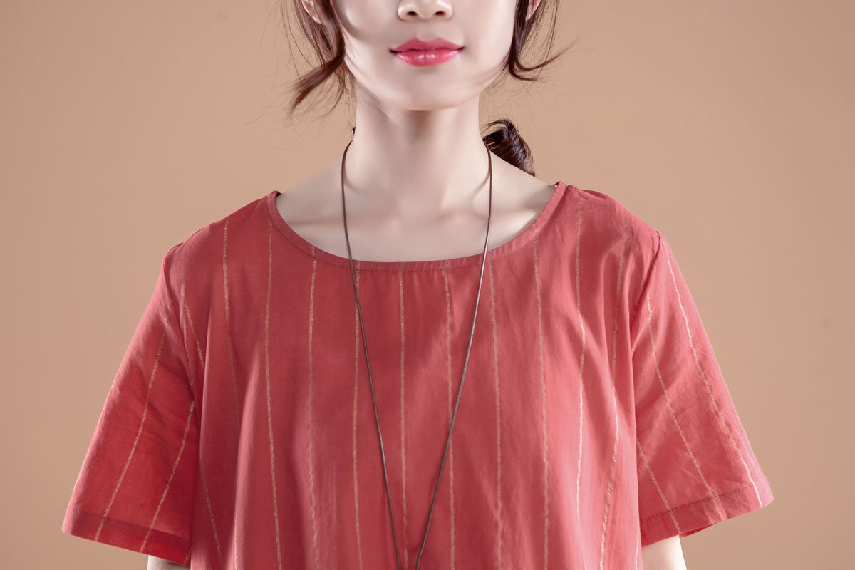 Stripe Casual Round Neck Short Sleeve Red Tops